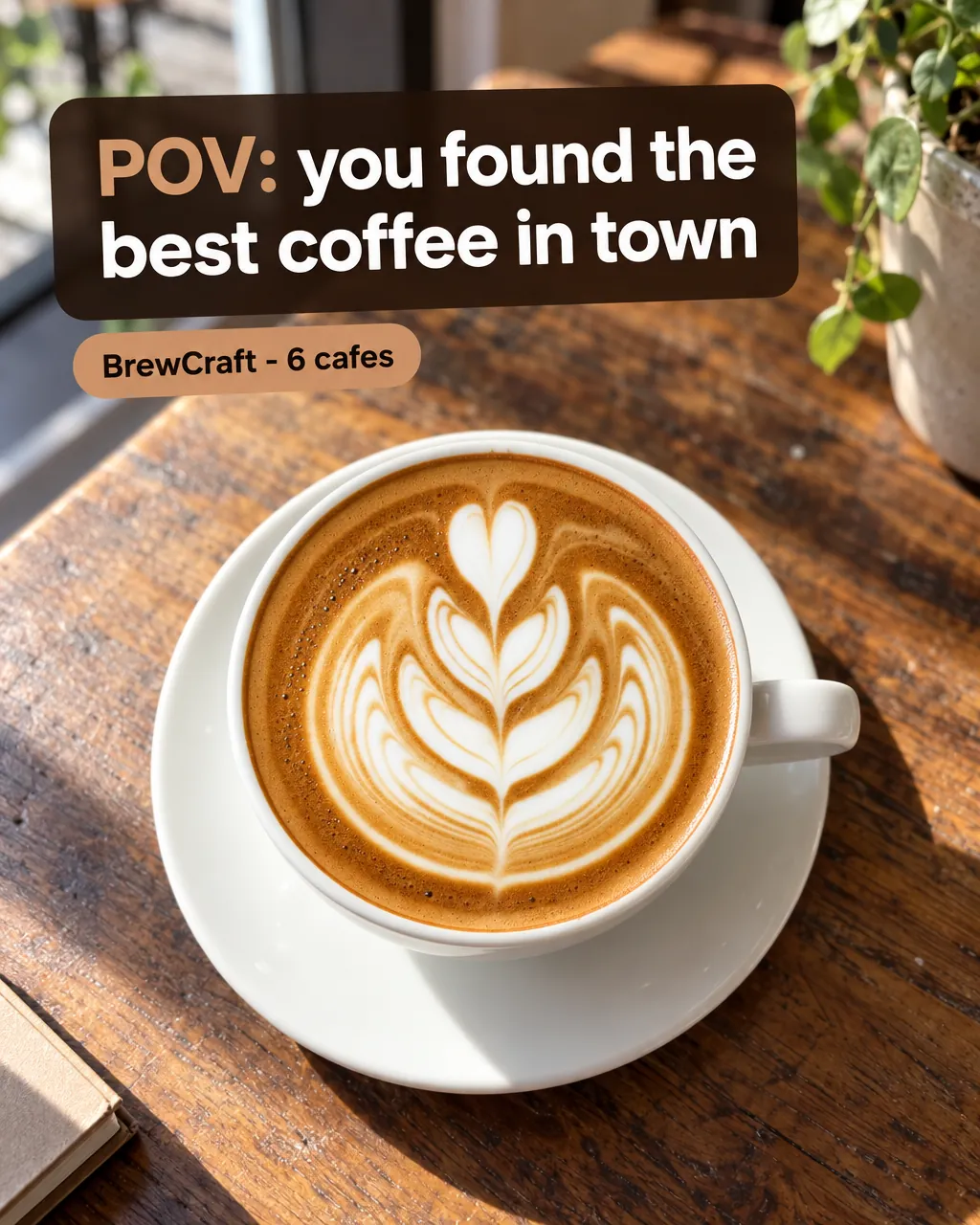 POV: you found the best coffee in town — AI-made ad for BrewCraft (fictional specialty coffee roaster with six cafés). Casual phone photo of a latte on a sunlit café table with a native caption.