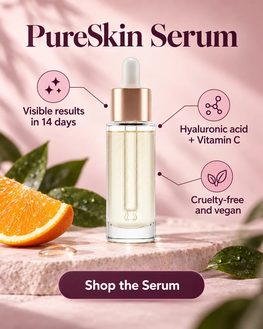 PureSkin Serum — AI-made ad for Lumière Beauty (fictional clean skincare brand (PureSkin vitamin C serum)). Serum bottle with three icon callouts, orange slices and leaves.
