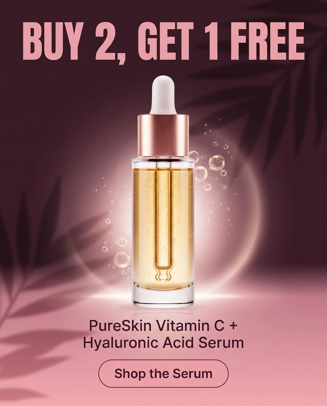BUY 2, GET 1 FREE — AI-made ad for Lumière Beauty (fictional clean skincare brand (PureSkin vitamin C serum)). Glowing serum bottle on deep plum with soft bubbles.