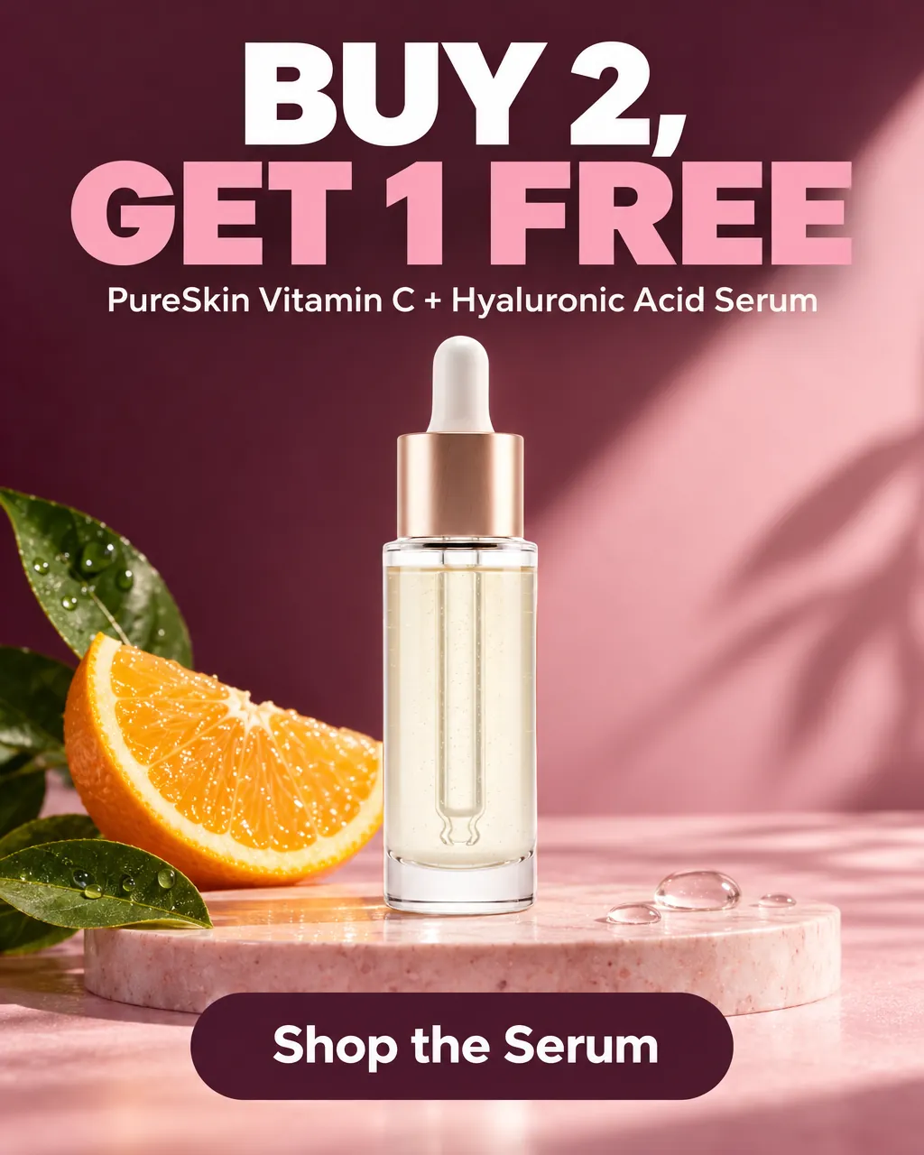 BUY 2, GET 1 FREE — AI-made ad for Lumière Beauty (fictional clean skincare brand (PureSkin vitamin C serum)). Serum dropper bottle on a pink stone plinth with an orange slice.