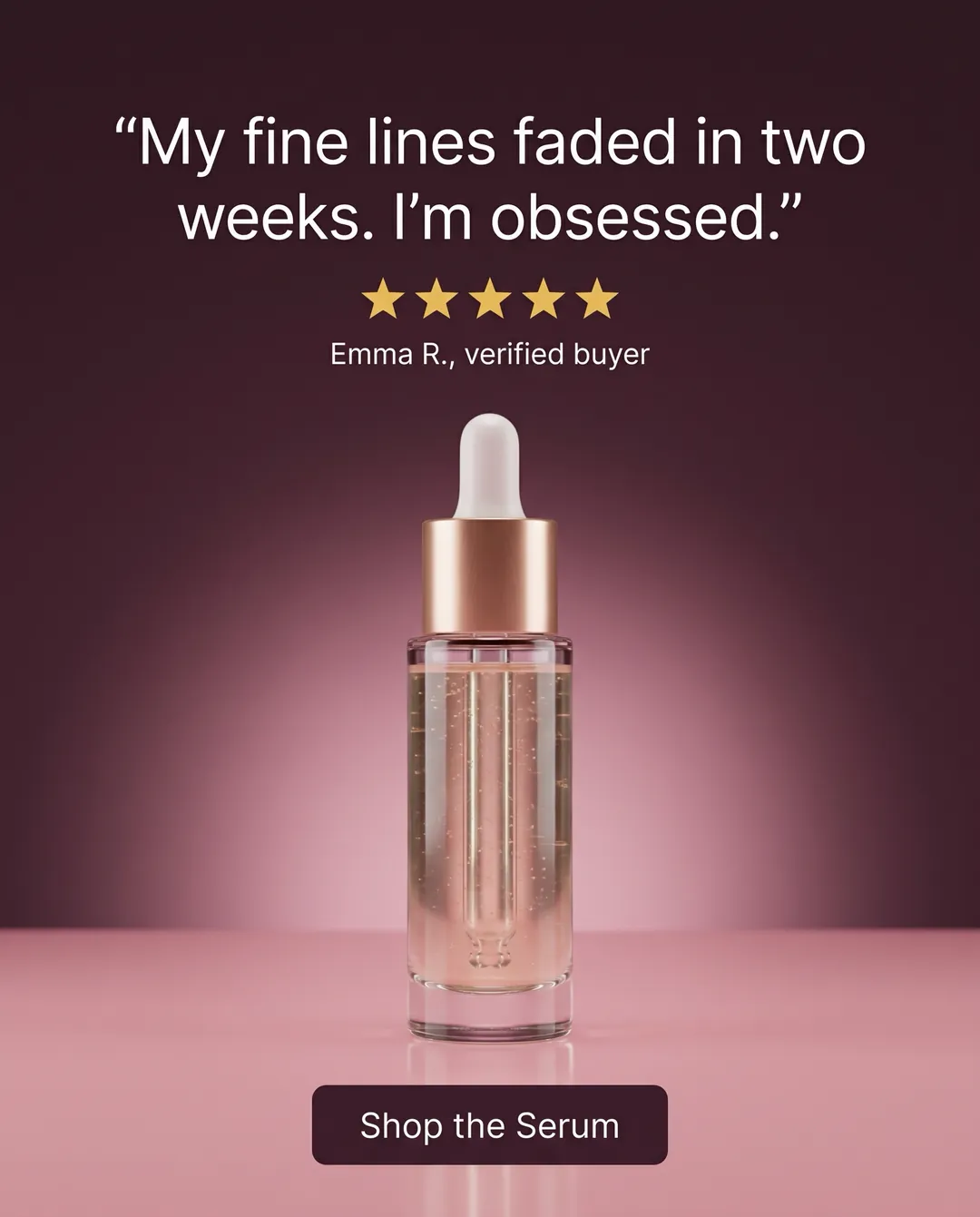“My fine lines faded in two weeks. I’m obsessed.” — AI-made ad for Lumière Beauty (fictional clean skincare brand (PureSkin vitamin C serum)). Quote and stars above a pink-lit serum bottle.
