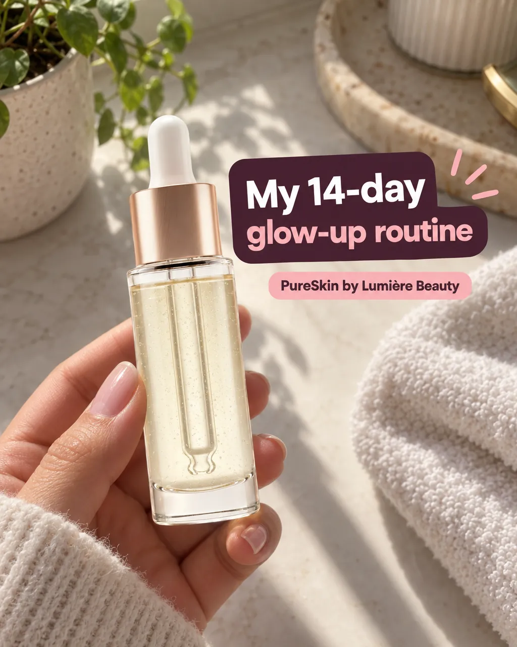 My 14-day glow-up routine — AI-made ad for Lumière Beauty (fictional clean skincare brand (PureSkin vitamin C serum)). Hand holding the serum bottle in a bright bathroom, sticker-style caption.