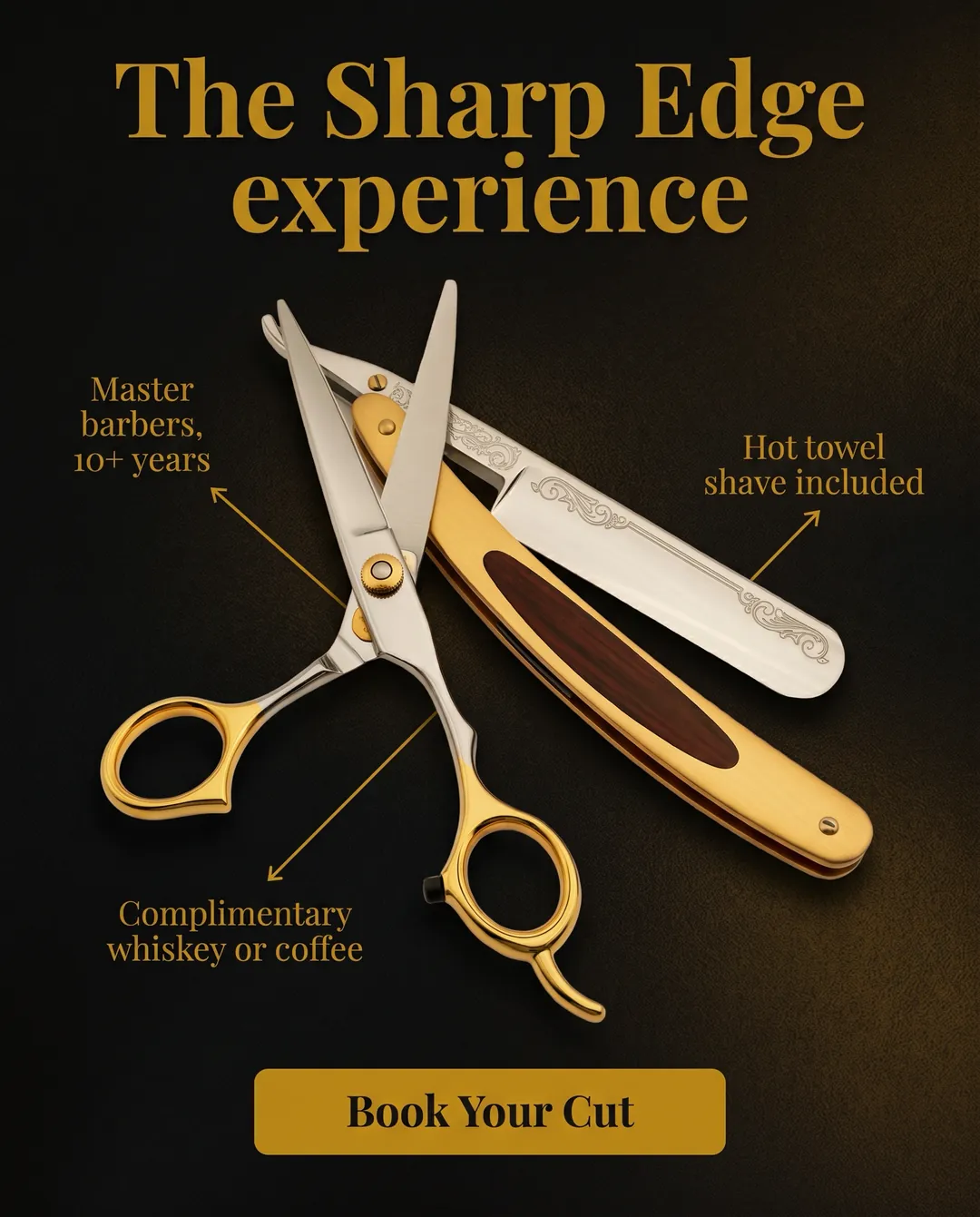 The Sharp Edge experience — AI-made ad for Sharp Edge Barbershop (fictional classic local barbershop). Scissors and razor on dark wood with serif callouts.