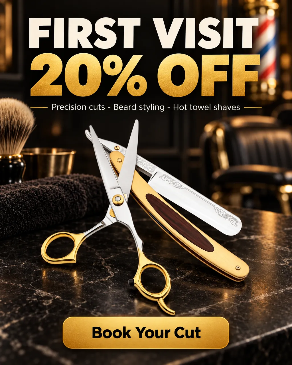 FIRST VISIT 20% OFF — AI-made ad for Sharp Edge Barbershop (fictional classic local barbershop). Gold-handled scissors and a straight razor on black marble in a barbershop.