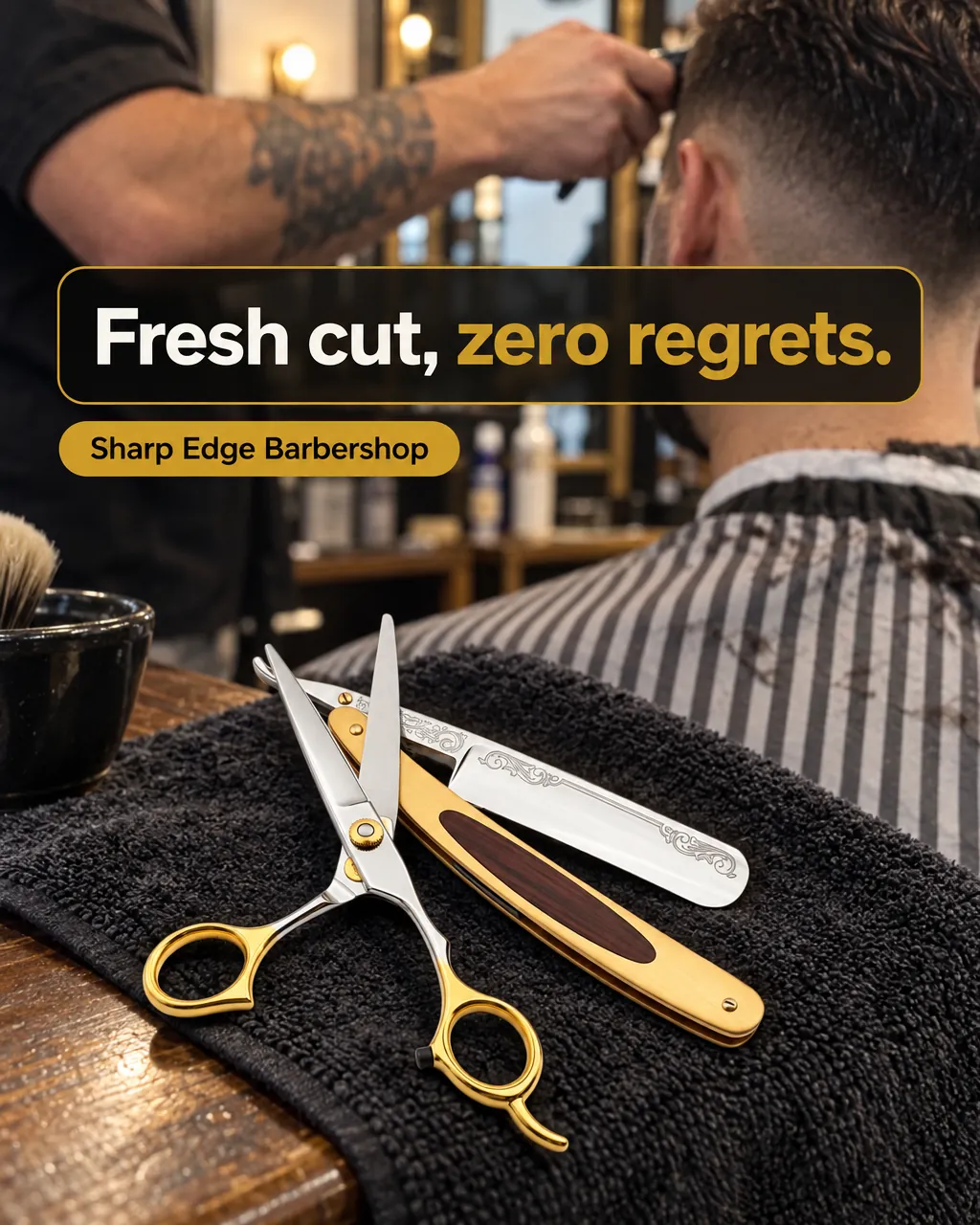 Fresh cut, zero regrets. — AI-made ad for Sharp Edge Barbershop (fictional classic local barbershop). Barber finishing a fade on a client, tools on a towel in front.
