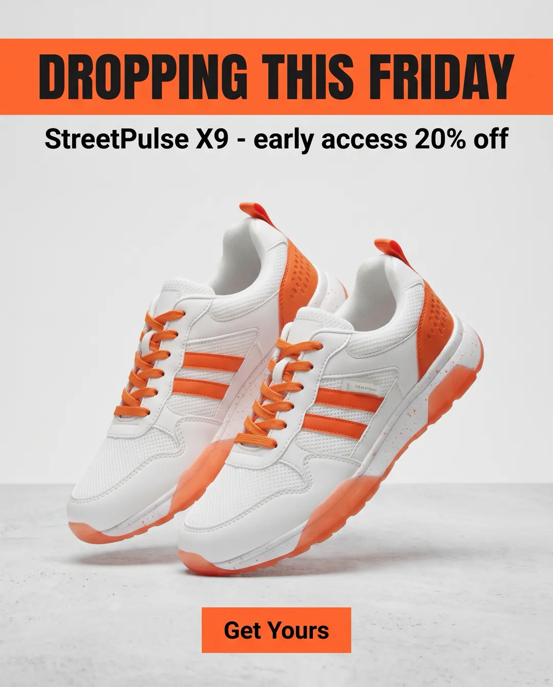 DROPPING THIS FRIDAY — AI-made ad for StreetPulse (fictional sneaker brand launching the X9 running shoe). Sneakers on a light grey studio background under an orange headline band.