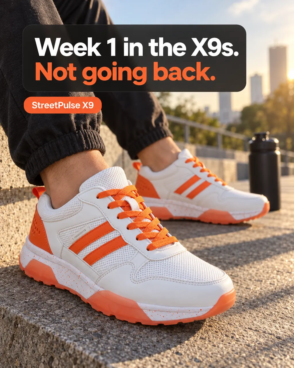 Week 1 in the X9s. Not going back. — AI-made ad for StreetPulse (fictional sneaker brand launching the X9 running shoe). Phone photo of someone wearing the sneakers on a city ledge.