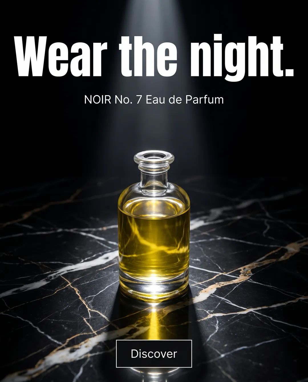 Wear the night. — AI-made ad for NOIR No. 7 (fictional eau de parfum). Perfume bottle on black marble under a single beam of light.