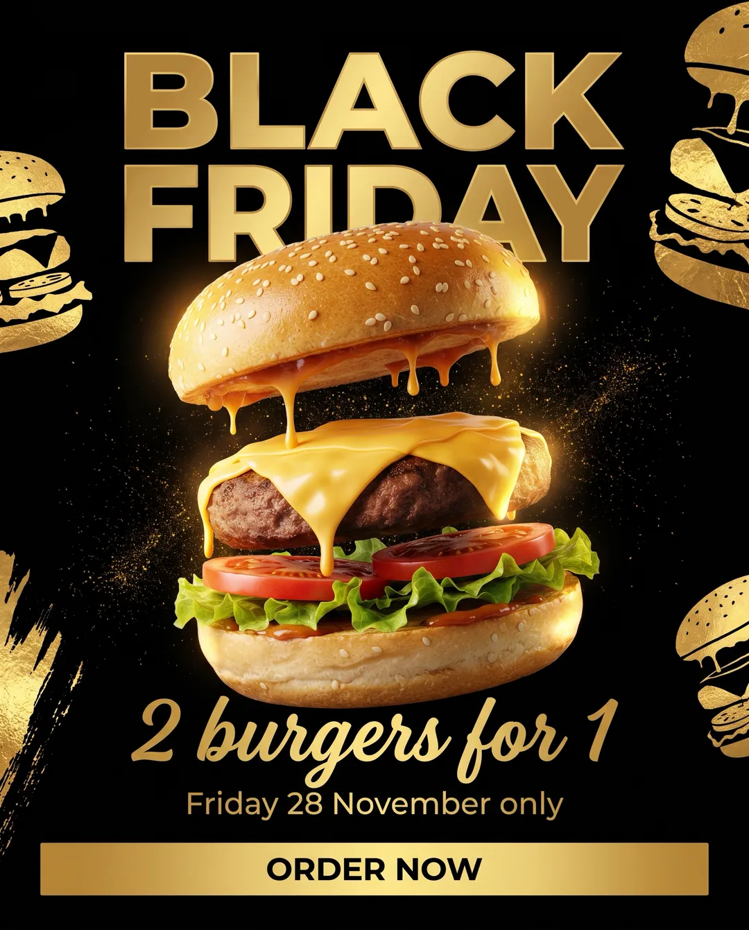 BLACK FRIDAY — AI-made ad for Burger Joint (fictional burger restaurant). Stacked cheeseburger on a black and gold Black Friday background.